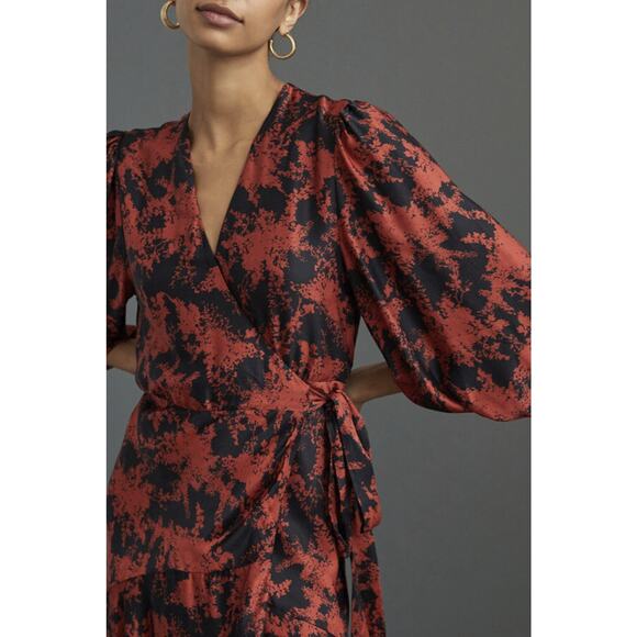 Anthropologie x Caballero Silky Abstract Wrap Midi Dress Red & Black Anthro XS - Picture 7 of 16